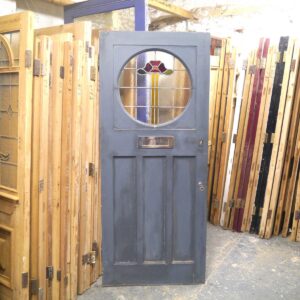 Antique Pine Front Door With Round Stained Glass Window