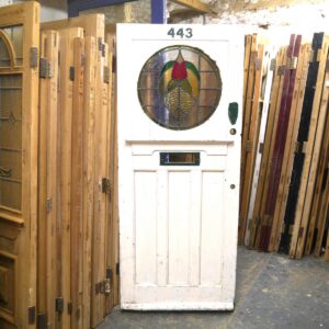 Antique Pine Front Door With Round Stained Glass